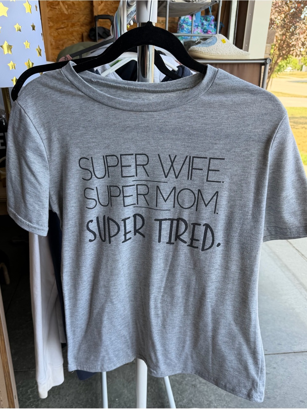 Women’s Gray Graphic Tee - "Super Wife. Super Mom. Super Tired."